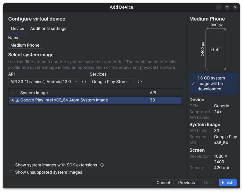Creating a new AVD using Android 13
